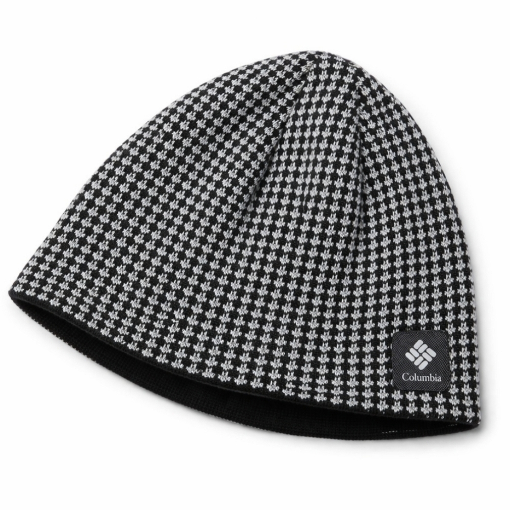 Columbia Reversible Knit Beanie Hat Black White Houndstooth Acrylic Winter Cap